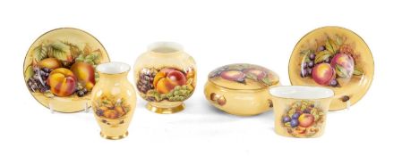 AYNSLEY ORCHARD GOLD, six miniature ornaments including a squat vase with original label, 9cms (h)