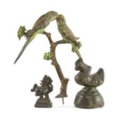 BURMESE BRONZE OPIUM WEIGHT, similar smaller opium weight, and an Austrian coal painted bronze