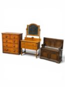 DARK STAINED OAK MONK'S BENCH, 72 (h) x 96 (w) x 43cms (d); Victorian mahogany veneered chest of