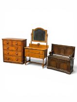 DARK STAINED OAK MONK'S BENCH, 72 (h) x 96 (w) x 43cms (d); Victorian mahogany veneered chest of