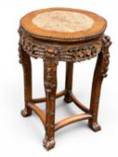 CHINESE CARVED HARDWOOD JARDINIÈRE STAND, bead rim, pink variegated marble-inset top, carved and
