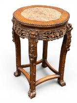 CHINESE CARVED HARDWOOD JARDINIÈRE STAND, bead rim, pink variegated marble-inset top, carved and