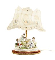 CAPODIMONTE PORCELAIN FIGURE GROUP, young children with musical instruments or playing, mounted on a