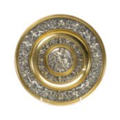 FRENCH PARCEL GILT & SILVER PLATE CIRCULAR PLAQUE, decorated with a Classical figure, cherubs,