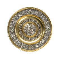 FRENCH PARCEL GILT & SILVER PLATE CIRCULAR PLAQUE, decorated with a Classical figure, cherubs,