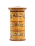 TURNED SYCAMORE SPICE TOWER, 19th century, in three sections, each having paper label for Mace,