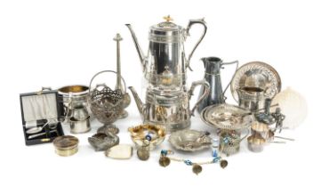 ASSORTMENT OF MIXED SILVER-PLATED WARES, including Jesuit carved mother-of-pearl shell, etc.