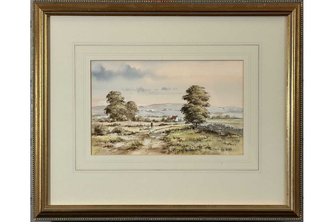 ‡ ALLAN MORGAN (British, b. 1952) watercolour - rural landscape with cottage and man with dog, - Image 2 of 4