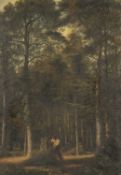 19TH CENTURY BRITISH SCHOOL oil on canvas - woodland scene with man collecting firewood, unsigned,