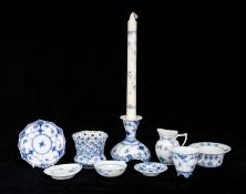 ROYAL COPENHAGEN BLUE & WHITE PORCELAIN, including tea strainer and bowl, 10cms (diam.); squat