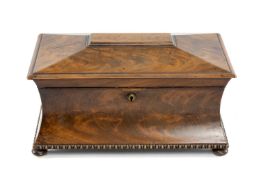 VICTORIAN MAHOGANY SARCOPHAGUS FORM DOUBLE TEA CADDY, fitted interior, 22 (h) x 38 (w) x 21.5cms (d)