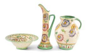 CHARLOTTE RHEAD CROWN DEVON FLARED BOWL, 25.5cms (diam.); Woods Arabesque jug, designed by Charlotte