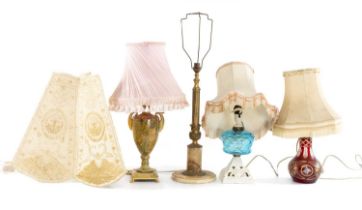 FOUR DECORATIVE TABLE LAMPS, including a French alabaster lamp, ruby overlay hookah base lamp, and