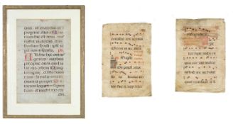 TWO LITURGICAL VELLUM LEAVES, probably 15th or 16th century, 53 x 35cms, each framed within perspex;
