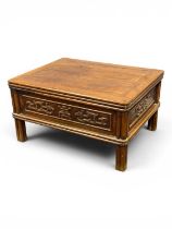 CHINESE ROSEWOOD OCCASIONAL TABLE, rectangular form, each frieze carved in relief, on cluster column