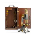 H.P. AYLWARD OF MANCHESTER LACQUERED BRASS MONOCULAR MICROSCOPE, late 19th century, with