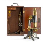 H.P. AYLWARD OF MANCHESTER LACQUERED BRASS MONOCULAR MICROSCOPE, late 19th century, with