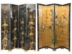 JAPANESE-STYLE FOUR-FOLD DRESSING SCREEN with bamboo decorated veneer to the front and blossom
