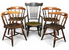 SET OF FOUR SPINDLE & CURVED-BACK CHAIRS, 73 (h) x 54 (w) x 42cms (d); and a vintage spindle-back