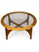 STONEHILL / G-PLAN STYLE MID-CENTURY MODERN CIRCULAR COFFEE TABLE of teak frame with glazed top,