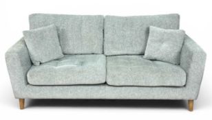 MODERN TWO-SEATER SOFA with matching flecked blue-grey scatter cushions, on light wood legs, 96 (