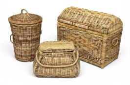 THREE GOOD WICKER BASKETS, including a large dome-top linen basket, 67 (h) x 40 (w) x 47cms (d) (