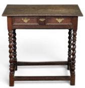 19TH CENTURY OAK SINGLE-DRAWER SIDE-TABLE with barley-twist supports, 78 (h) x 78 (w) x 45cms (d)