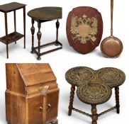 ASSORTED FURNITURE to include occasional tables, coat of arms shield, and a bureau, 106 (h) x 78 (w)