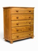 MODERN PINE CHEST OF FIVE DRAWERS on bun feet, 90 (h) x 85 (w) x 38cms (d) Provenance: deceased