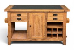 MODERN OAK MARBLE-TOPPED KITCHEN ISLAND with dual sided opening drawers, wine rack etc., 86 (h) x