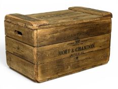 MOËT & CHANDON STAMPED & STAINED PINE CHAMPAGNE CRATE, 44 (h) x 77 (w) x 48cms (d) Provenance: