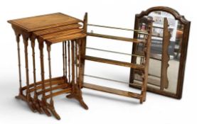WALNUT INLAID NEST OF FOUR COFFEE TABLES, 71 (h) x 50 (w) x 35cms (d) the largest; three-shelf