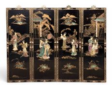 SET OF FOUR CHINESE WALL HANGING PANELS with composite relief and inlay pattern and scenes, 91 x