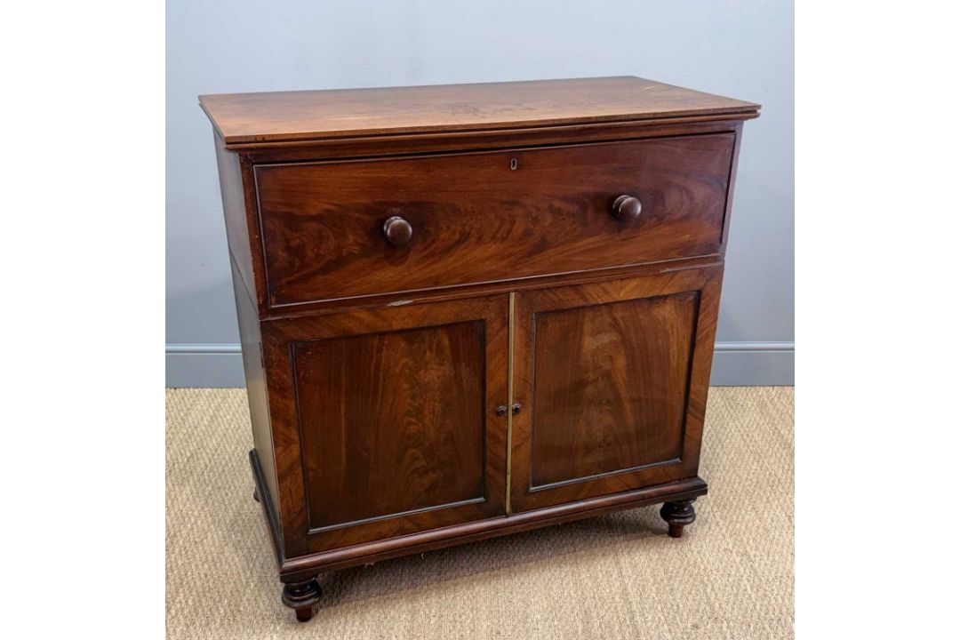 UNUSUAL ANTIQUE MAHOGANY SECRETAIRE CABINET, drop-front writing desk, fitted interior, lower - Image 10 of 13