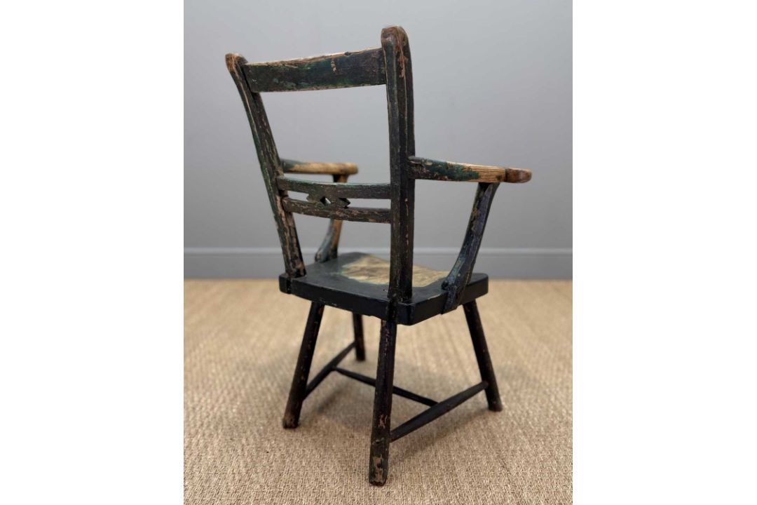 PRIMITIVE ELM & ASH ARMCHAIR, 19th Century, retaining traces of dark green paint, the tapering - Image 3 of 13