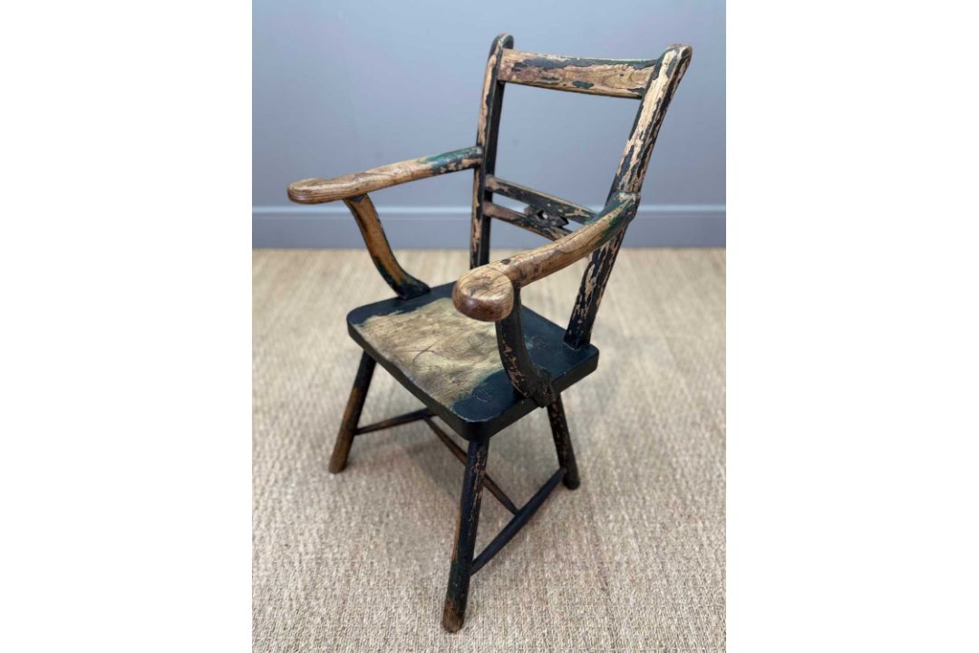 PRIMITIVE ELM & ASH ARMCHAIR, 19th Century, retaining traces of dark green paint, the tapering - Image 7 of 13