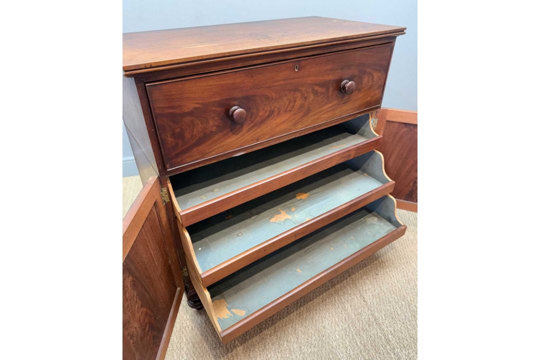 UNUSUAL ANTIQUE MAHOGANY SECRETAIRE CABINET, drop-front writing desk, fitted interior, lower - Image 13 of 13