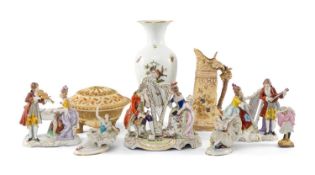 ASSORTED ENGLISH & CONTINENTAL PORCELAIN, including Herend shape 6953 basket moulded vase painted