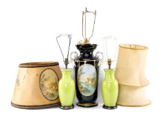 19TH CENTURY FRENCH PORCELAIN TABLE LAMP, painted with rural landscape in an oval, Mazarine blue