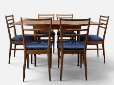 MID-CENTURY TEAK EXTENDING DINING TABLE & CHAIRS BY MEREDEW, tapered rectangular table with