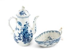 18TH CENTURY WORCESTER BLUE & WHITE BALUSTER COFFEE POT & COVER, decorated with insects and flower