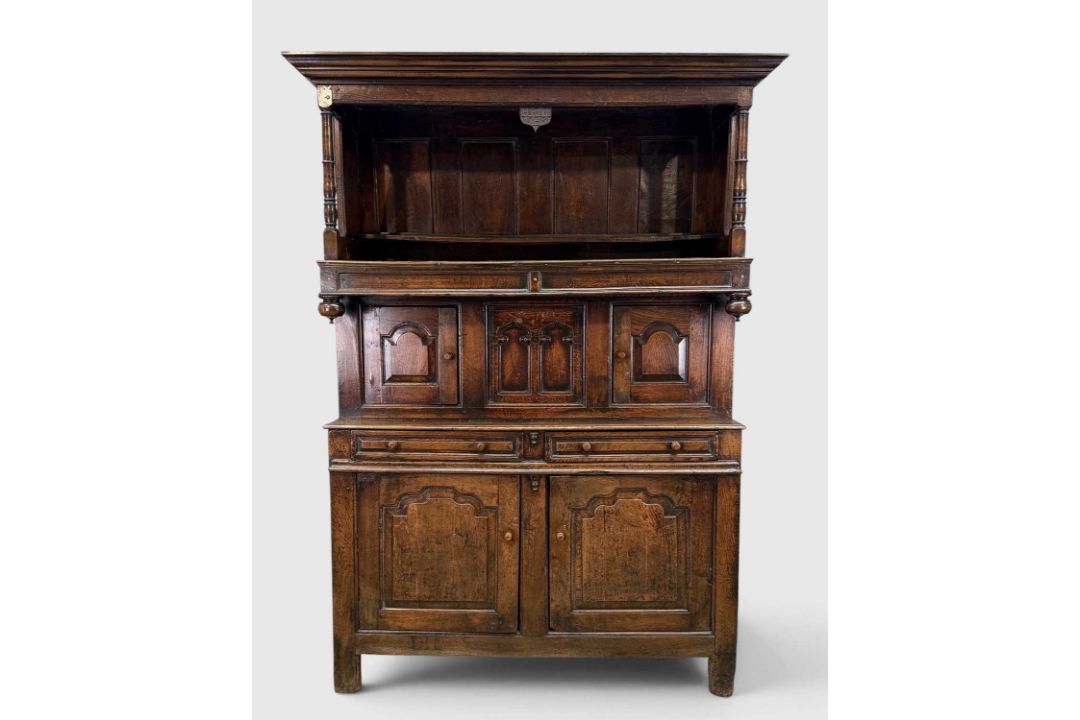 18TH CENTURY WELSH OAK TRIDARN, panel-back canopy top on turned supports, central section of arch - Image 1 of 12