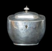 GEORGE III SILVER TEA CADDY, Sheffield 1804, oval with bright cut decoration, monogram engraved oval