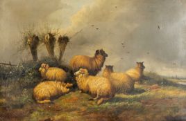FOLLOWER OF THOMAS SIDNEY COOPER oil on canvas - sheep grazing and at rest on a hilltop, bears