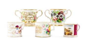 FIVE 19TH CENTURY ENGLISH BONE CHINA CUPS, including floral painted loving cup, named and dated