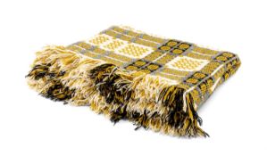 TRADITIONAL WELSH BLANKET OR CARTHEN, woven pure wool, bold geometric design, gold, black and cream,