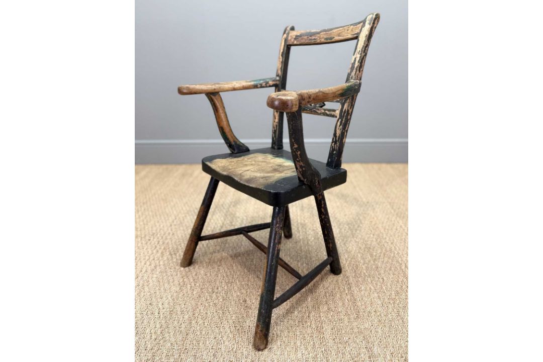 PRIMITIVE ELM & ASH ARMCHAIR, 19th Century, retaining traces of dark green paint, the tapering - Image 5 of 13