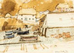 ‡ GRAHAM CLARKE (British b. 1941) watercolour - beached fishing boats, lobster pots & cottages,