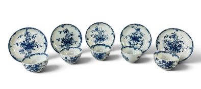 FIVE DR. WALL PERIOD WORCESTER BLUE & WHITE TEA BOWLS & SAUCERS, circa 1765, painted with the '