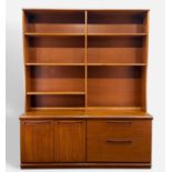 MID-CENTURY TEAK BOOKCASE CABINET BY PROGRAM, two-piece construction, upper with five adjustable